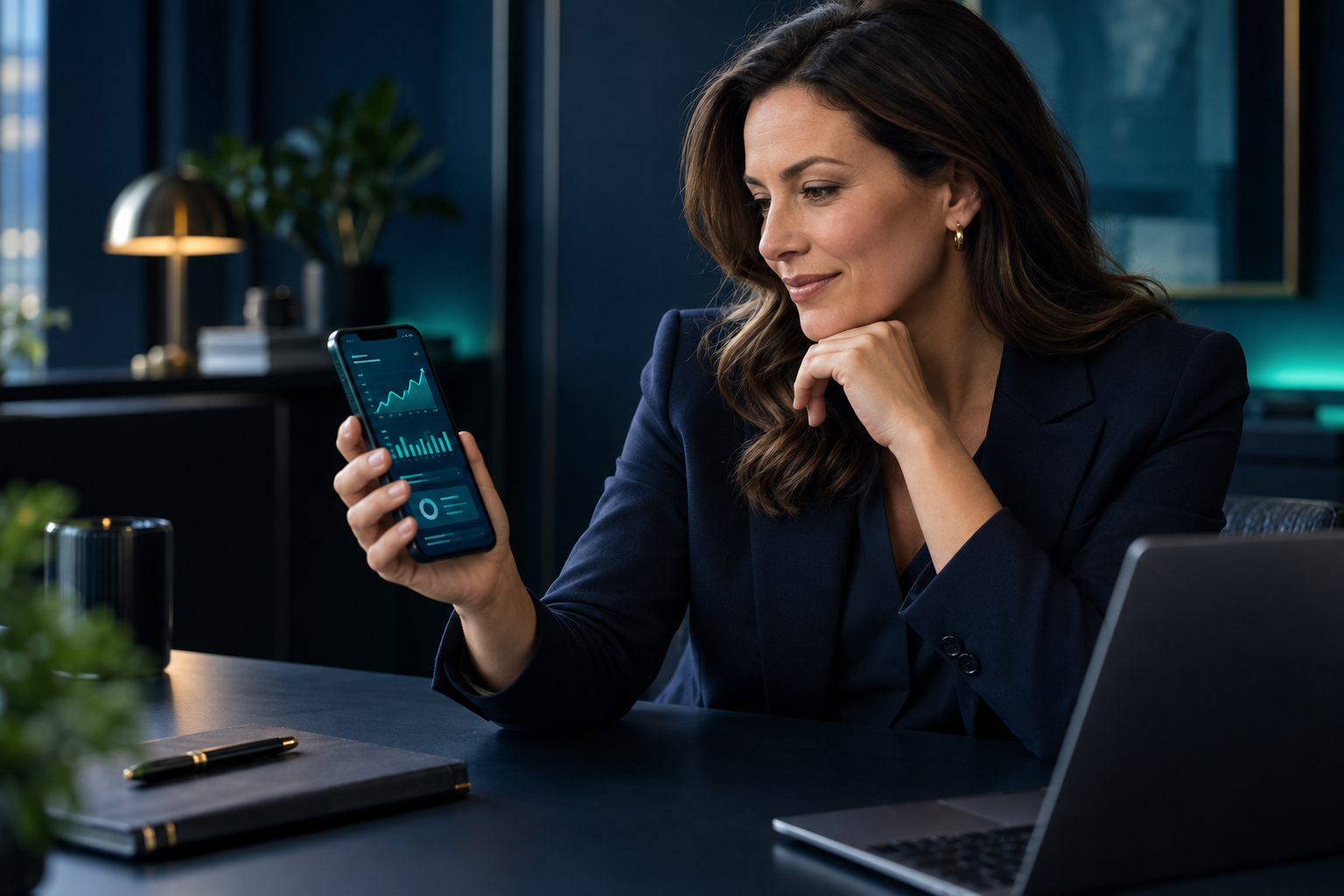 A payments professional looking at analytics results on her phone